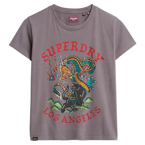 슈퍼드라이 Tattoo Rhinestone Fitted 반팔 티셔츠 141484034