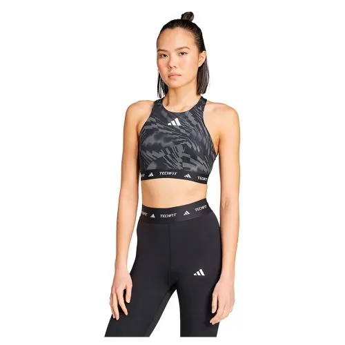 아디다스 Techfit High Neck Print 미디엄 임팩트 스포츠 브라 6142170993